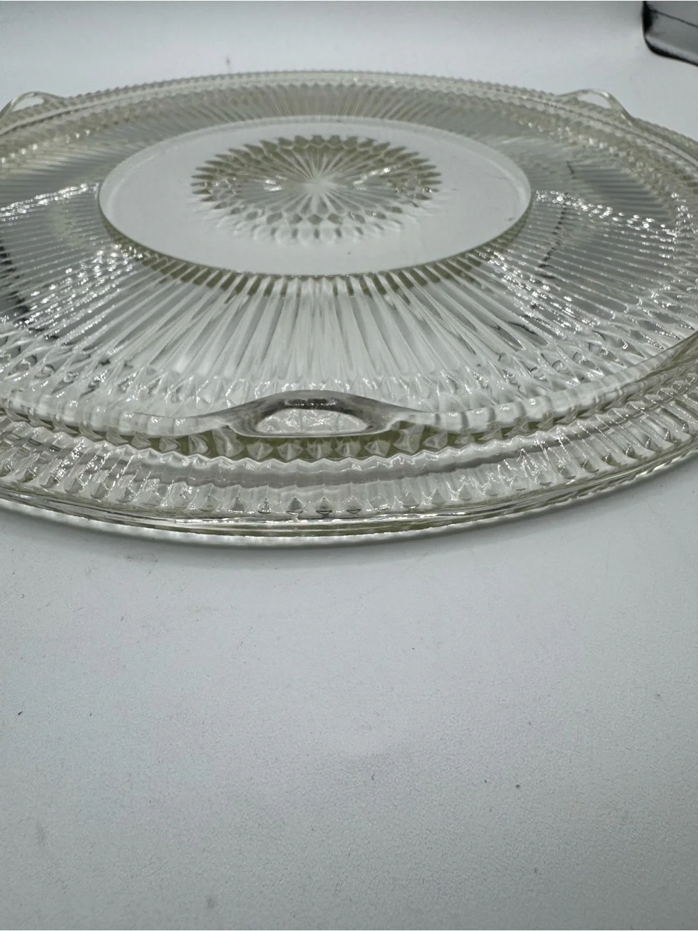 Vintage Jeanette Glass Anniversary Ribbed “Starburst” 12 1/2” Cake Plate Platter